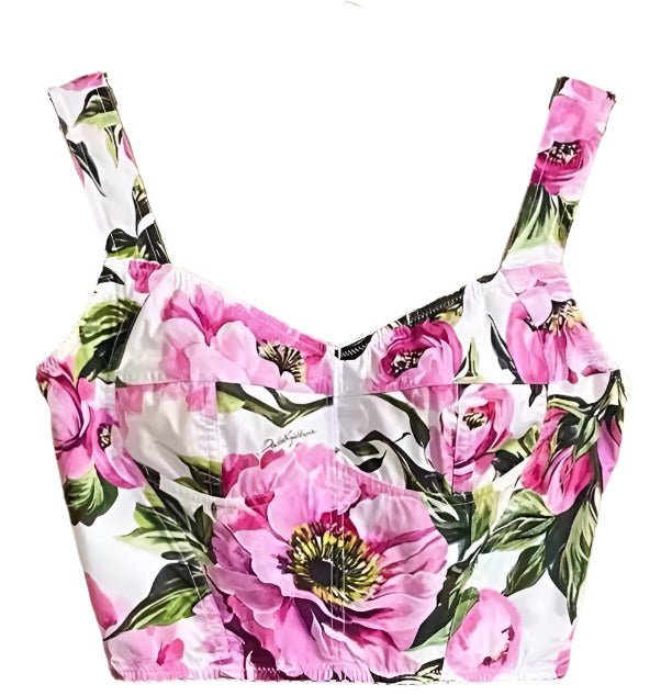 Italian Luxury Designer Pink Tea Rose print 100% cotton top - Dress By Vicky