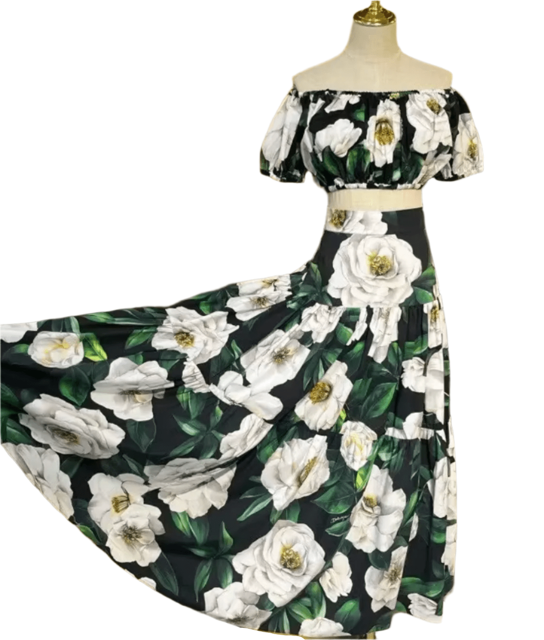 Italian Luxury Designer White Roses on Black print 100% cotton off shoulder top - Dress By Vicky