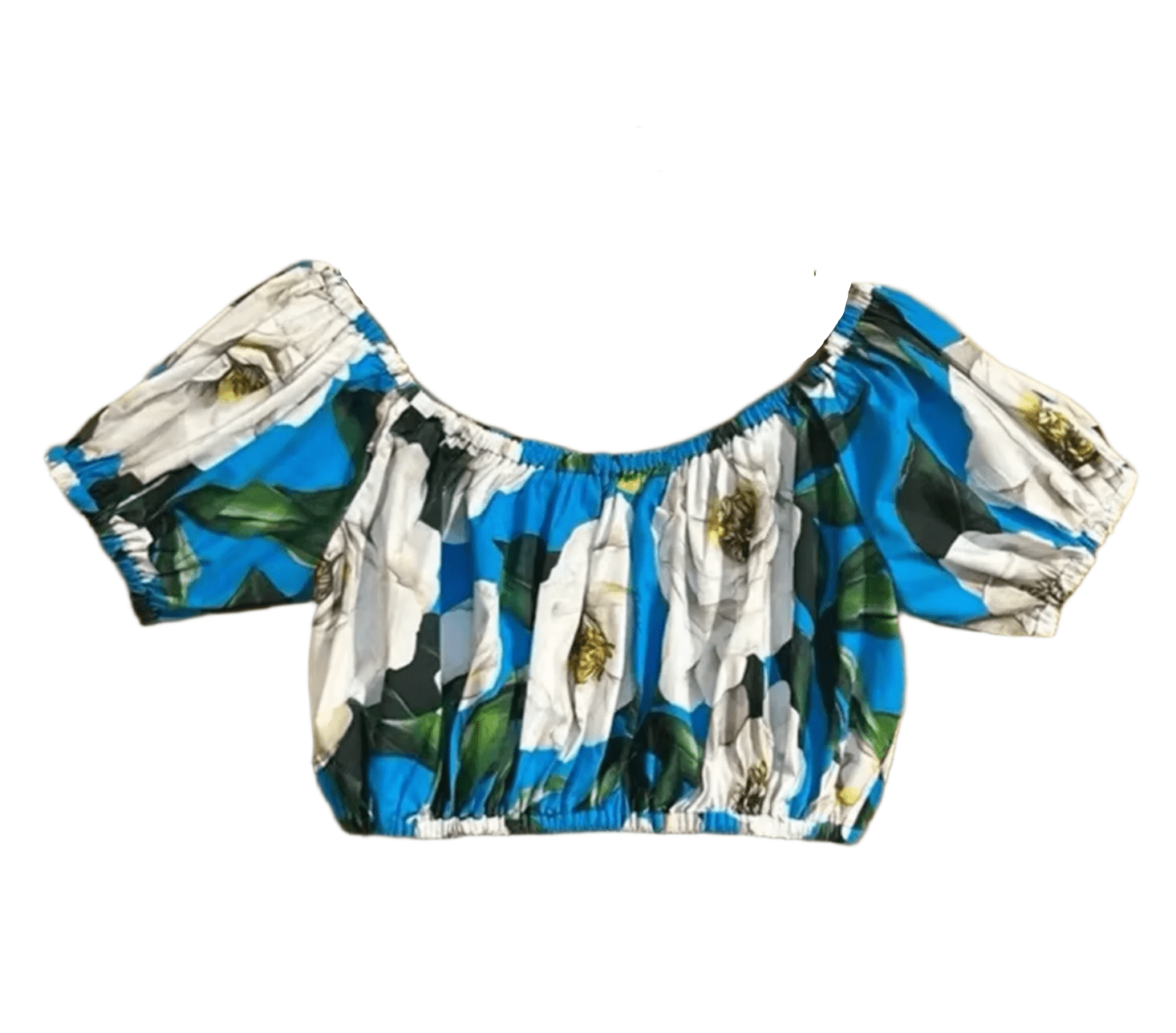 Italian Luxury Designer White Roses on Blue print 100% cotton off shoulder top - Dress By Vicky