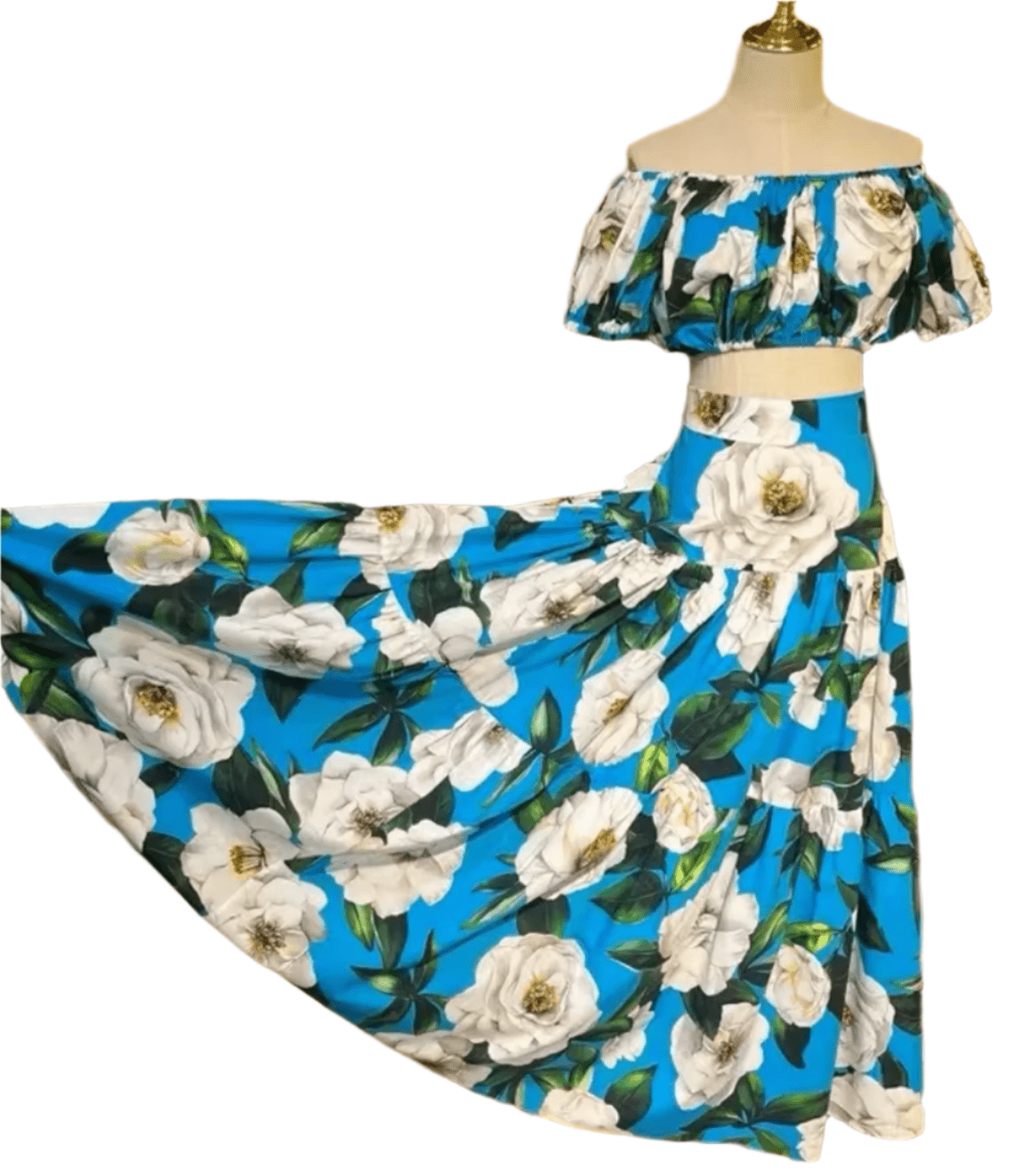 Italian Luxury Designer White Roses on Blue print 100% cotton off shoulder top - Dress By Vicky