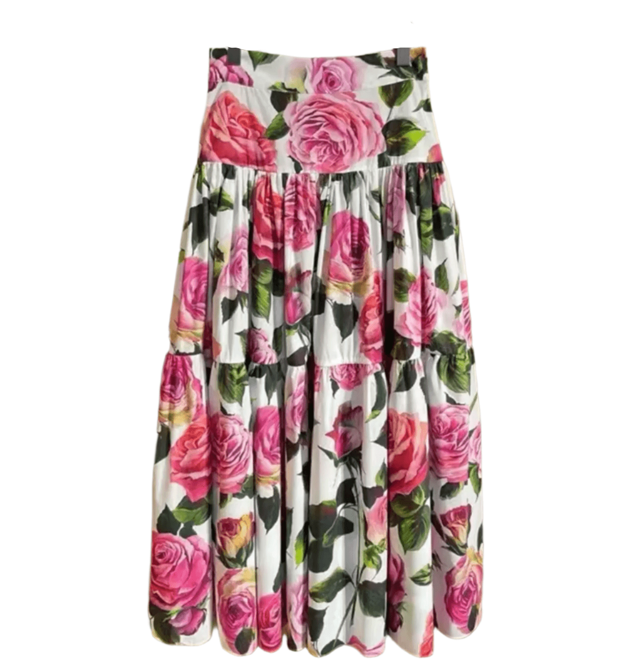 Italian Luxury Pink Roses on White print 100% cotton 3 tier gathered skirt - Dress By Vicky