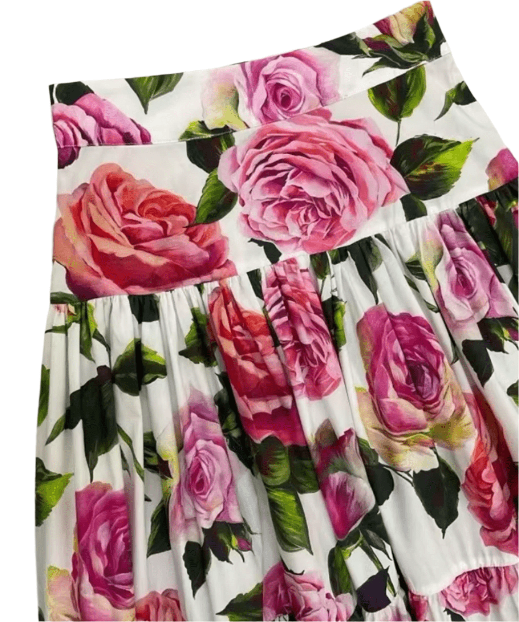 Italian Luxury Pink Roses on White print 100% cotton 3 tier gathered skirt - Dress By Vicky
