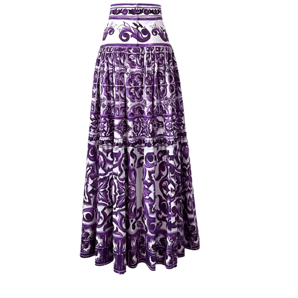 Italian Luxury Purple Majolica print 100% cotton 3 tier gathered skirt - Dress By Vicky