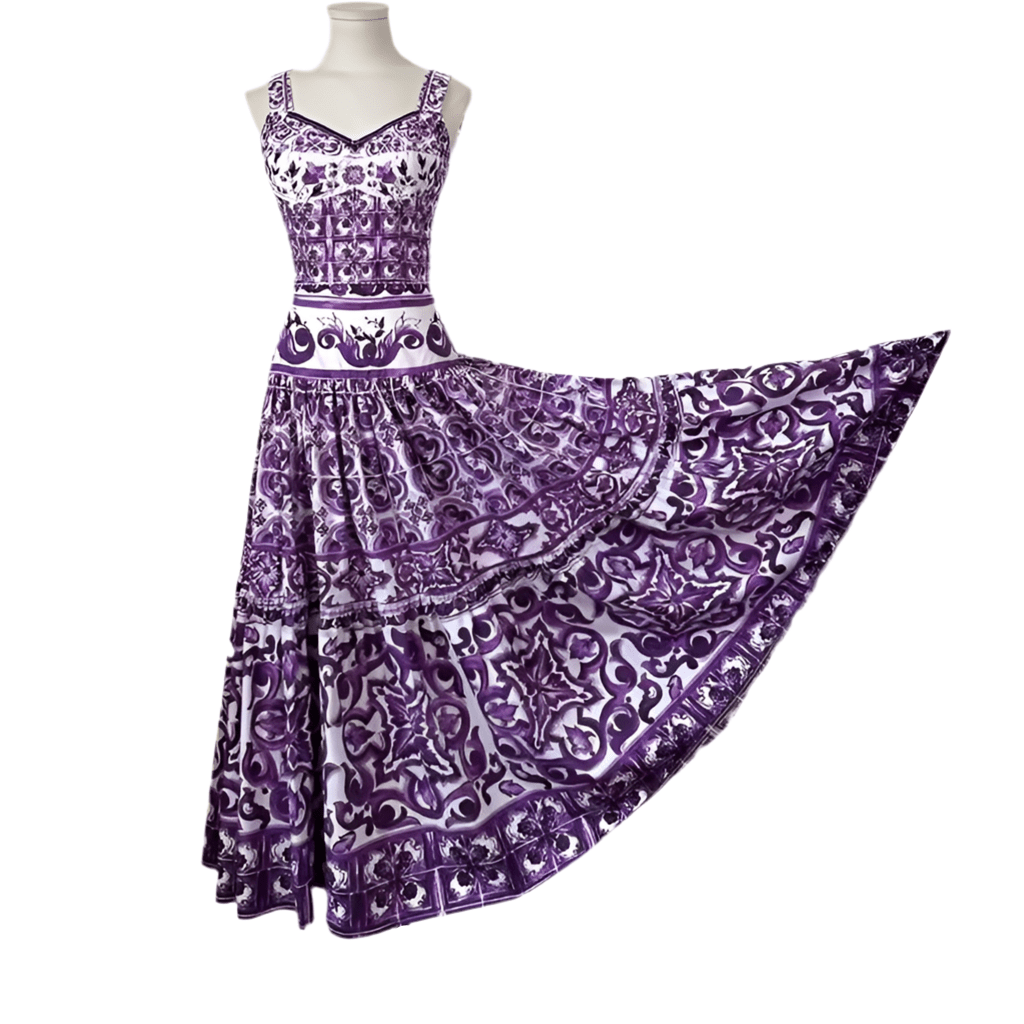 Italian Luxury Purple Majolica print 100% cotton 3 tier gathered skirt - Dress By Vicky