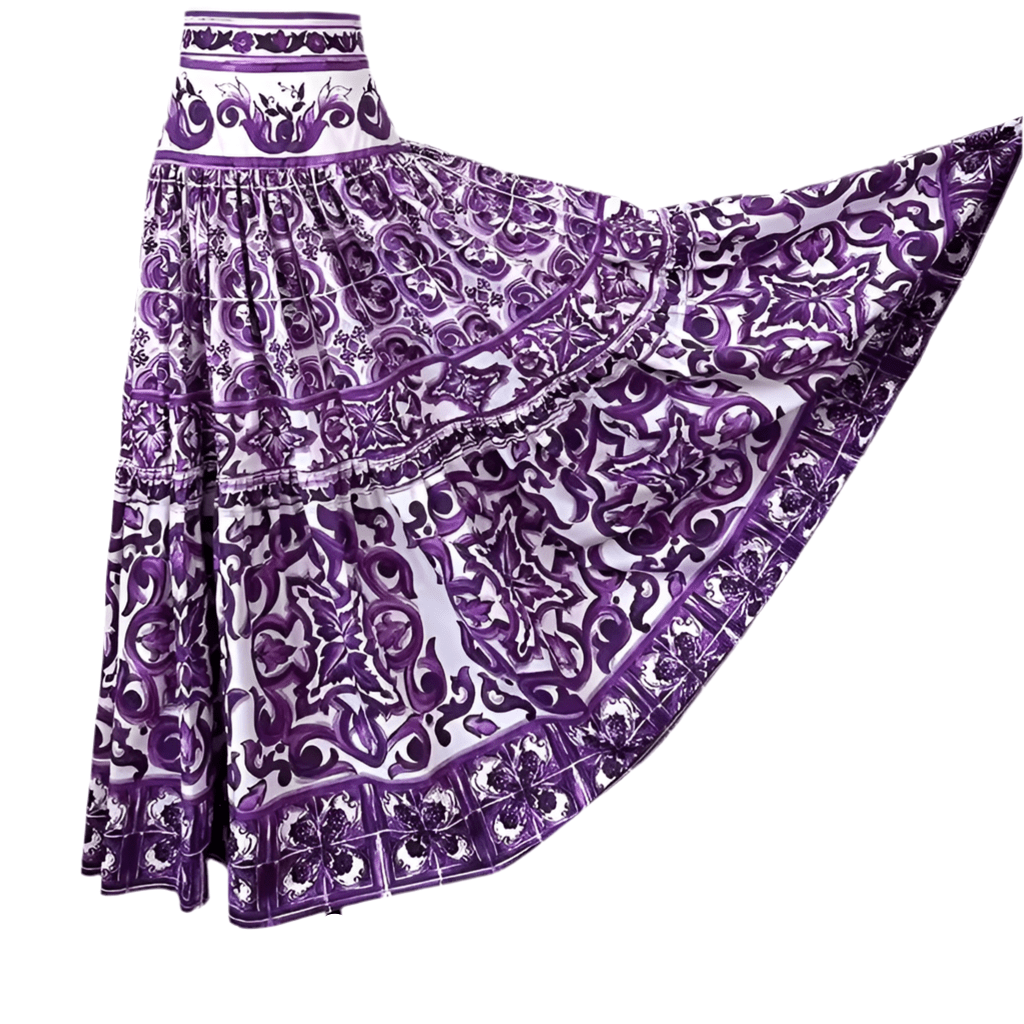 Italian Luxury Purple Majolica print 100% cotton 3 tier gathered skirt - Dress By Vicky