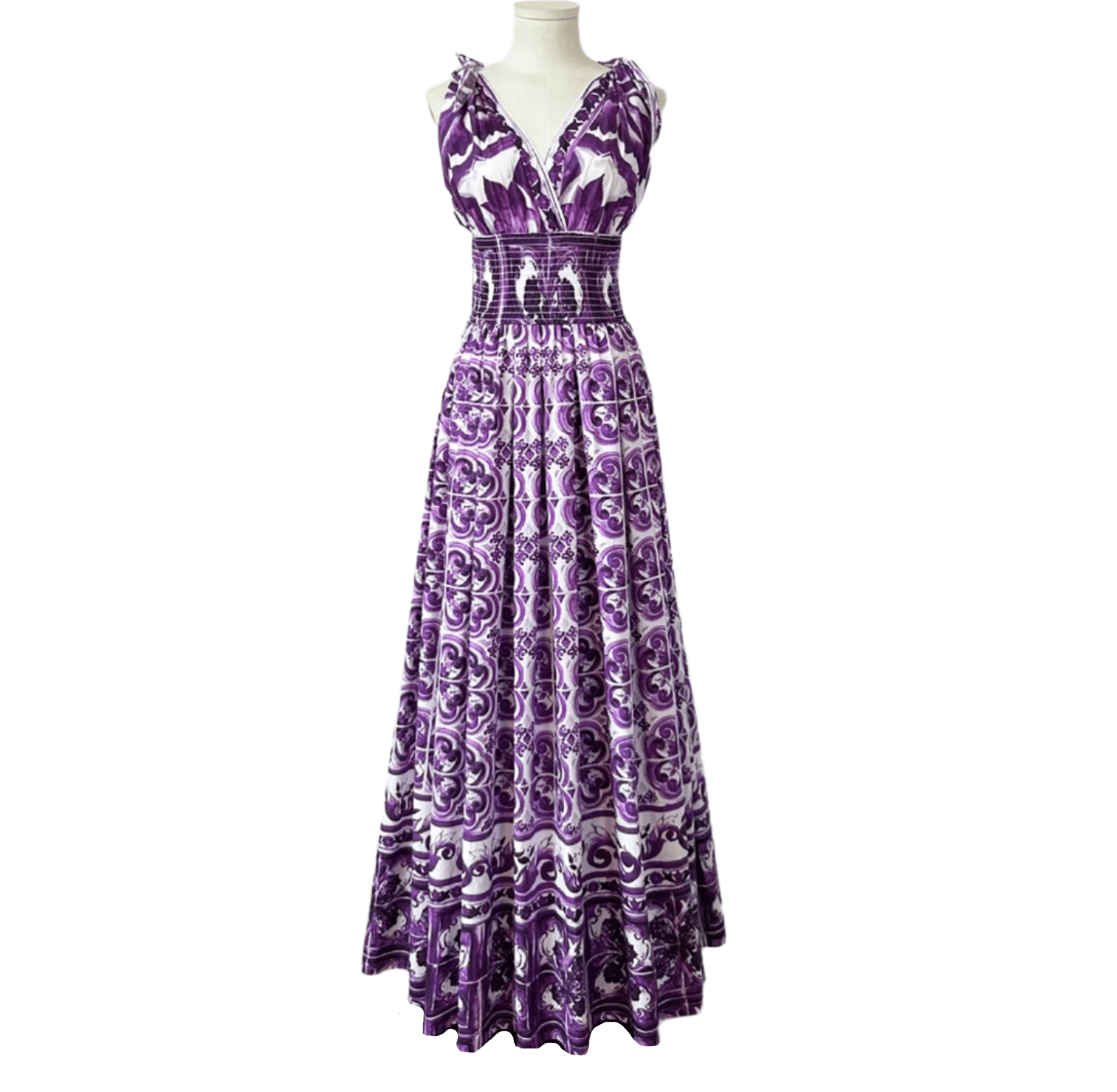 Italian Luxury Purple Majolica print 100% cotton bow shoulder maxi dress - Dress By Vicky