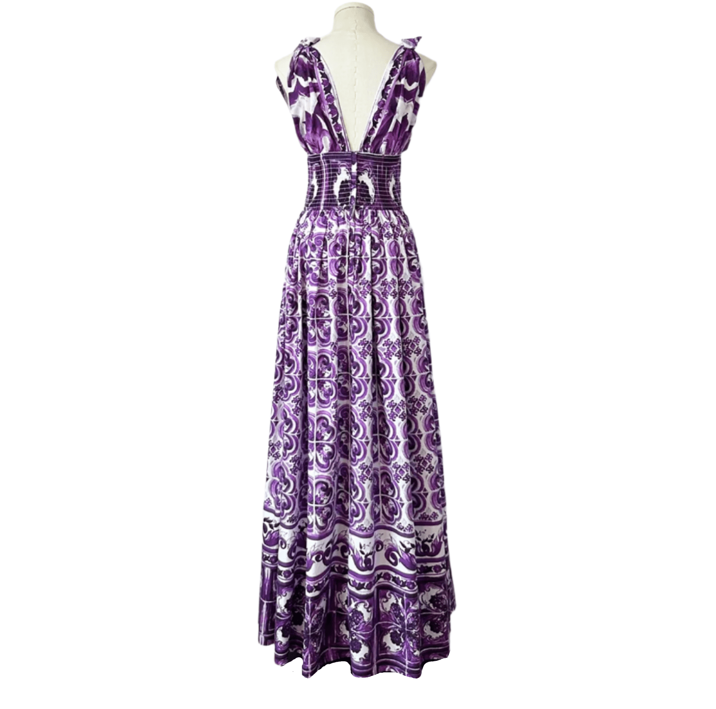 Italian Luxury Purple Majolica print 100% cotton bow shoulder maxi dress - Dress By Vicky
