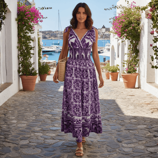 Italian Luxury Purple Majolica print 100% cotton bow shoulder maxi dress - Dress By Vicky