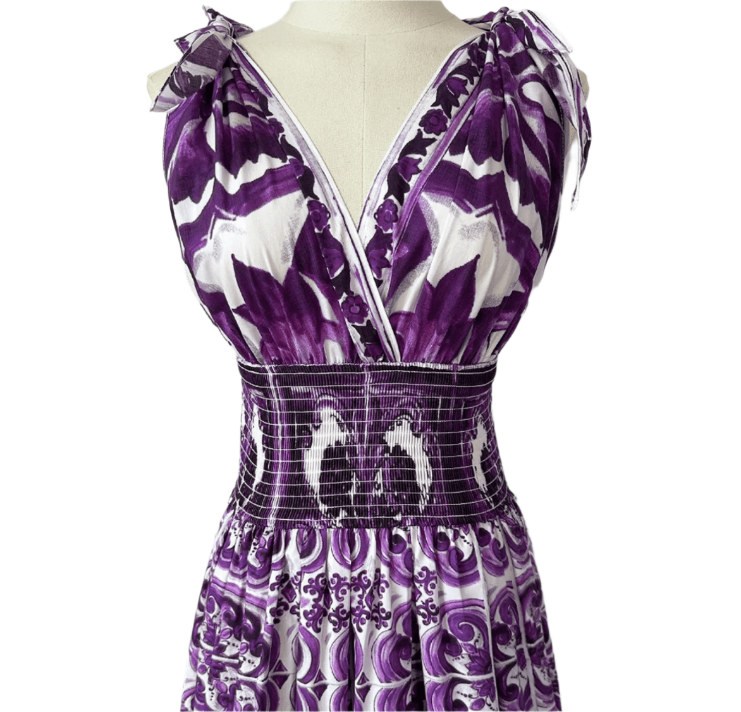 Italian Luxury Purple Majolica print 100% cotton bow shoulder maxi dress - Dress By Vicky