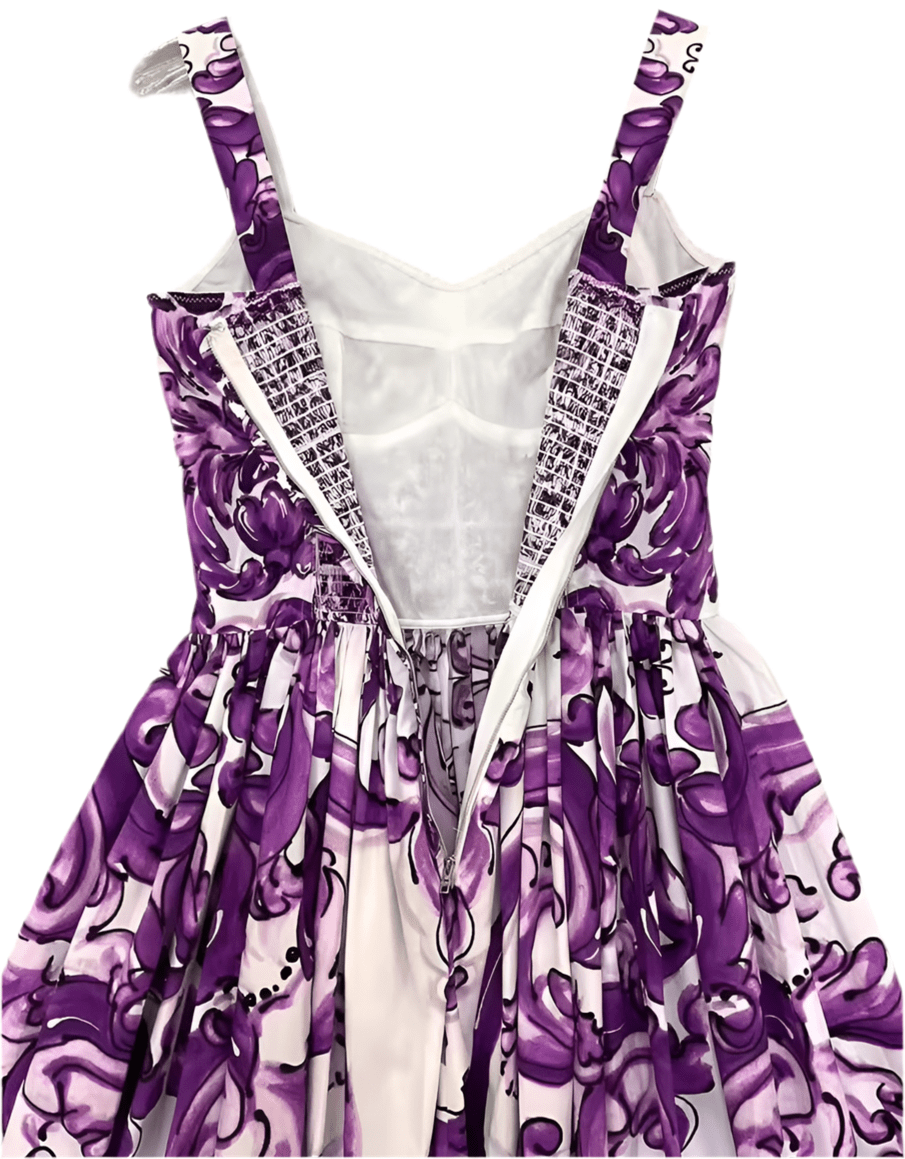 Italian Luxury Purple Majolica print 100% cotton dress - Dress By Vicky