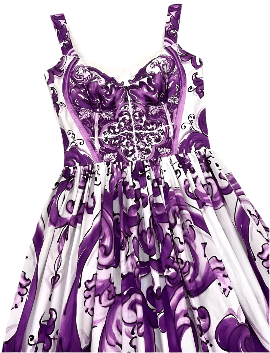 Italian Luxury Purple Majolica print 100% cotton dress - Dress By Vicky