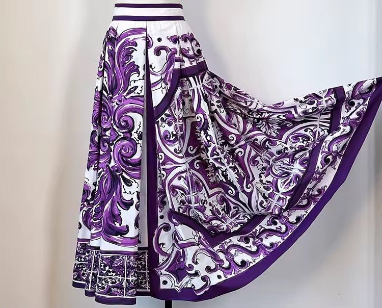 Italian Luxury Purple Majolica print 100% cotton midi skirt - Dress By Vicky