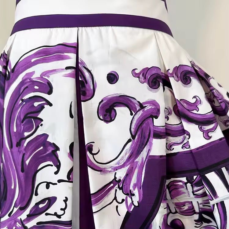 Italian Luxury Purple Majolica print 100% cotton midi skirt - Dress By Vicky
