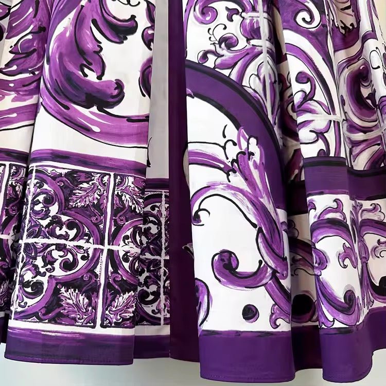 Italian Luxury Purple Majolica print 100% cotton midi skirt - Dress By Vicky