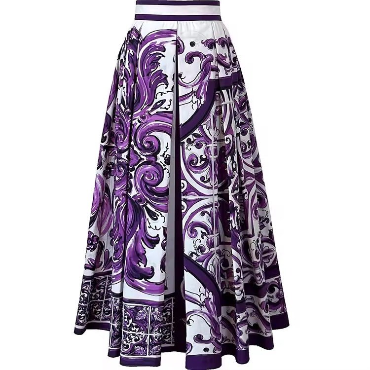 Italian Luxury Purple Majolica print 100% cotton midi skirt - Dress By Vicky