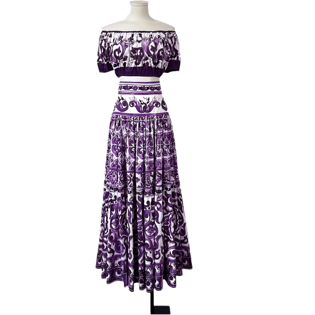 Italian Luxury Purple Majolica print 100% cotton off shoulder top - Dress By Vicky