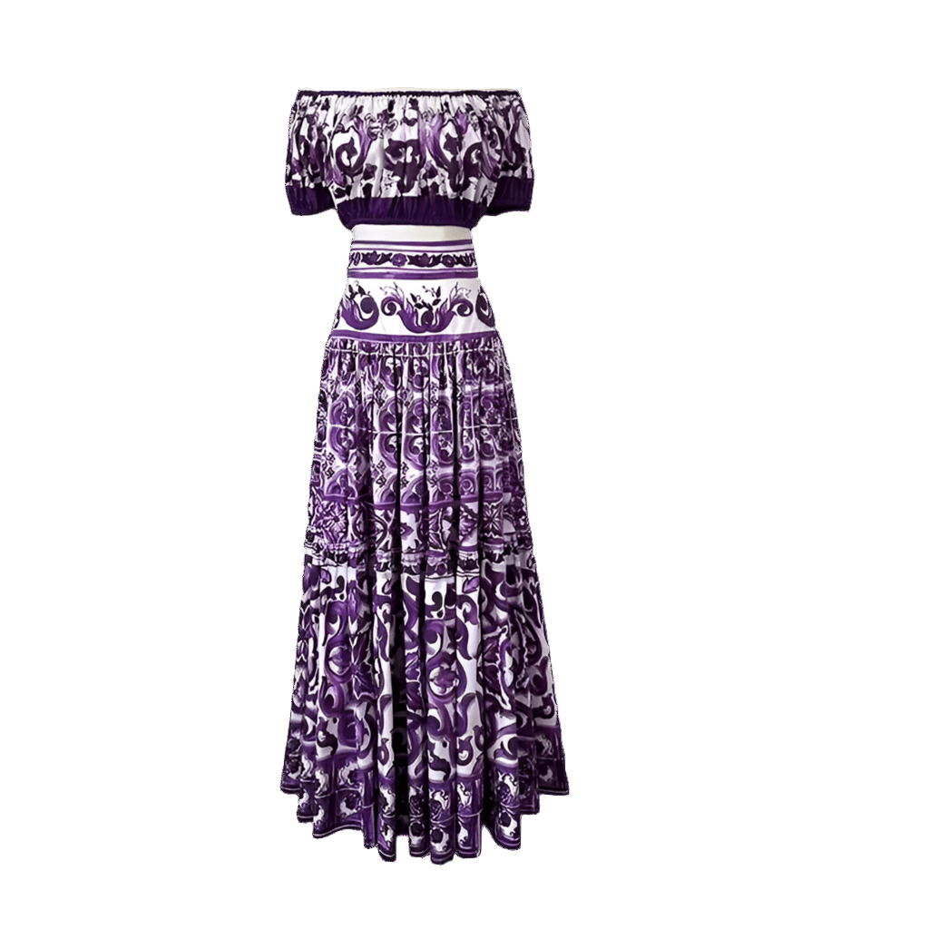 Italian Luxury Purple Majolica print 100% cotton off shoulder top - Dress By Vicky