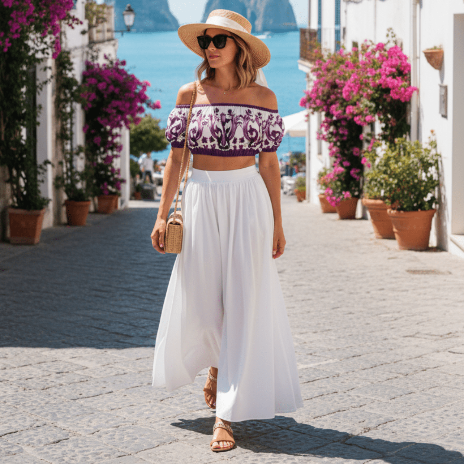 Italian Luxury Purple Majolica print 100% cotton off shoulder top - Dress By Vicky