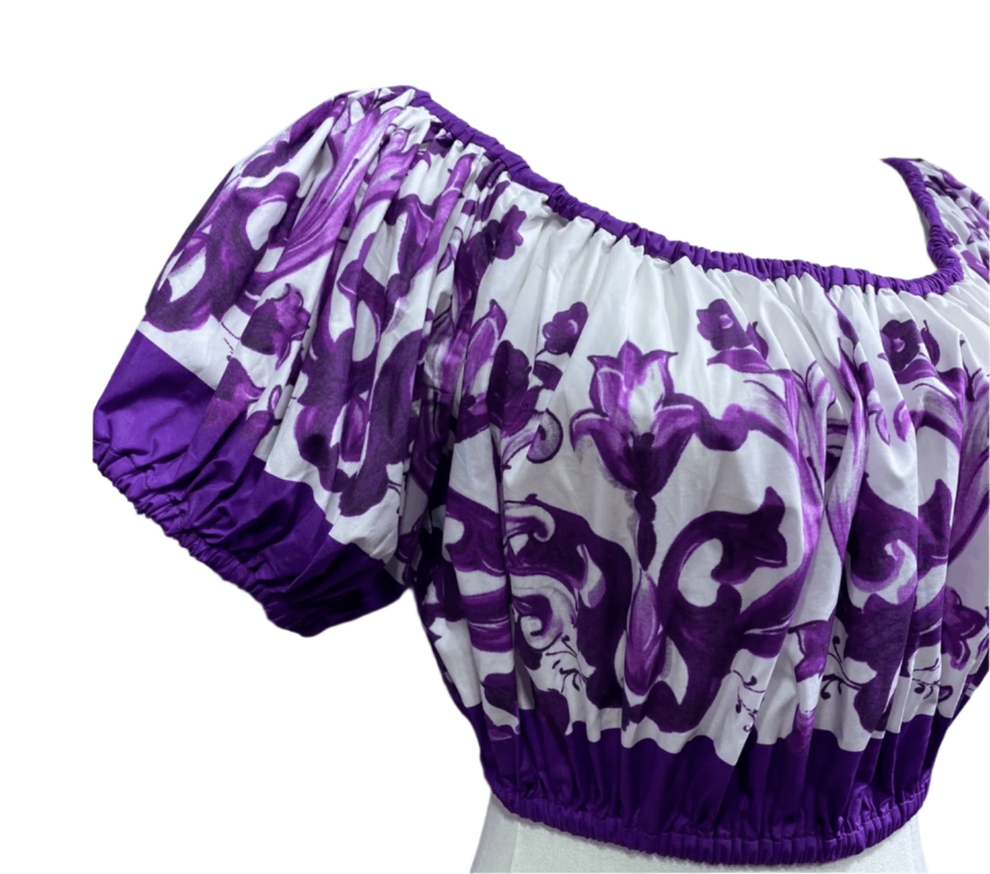 Italian Luxury Purple Majolica print 100% cotton off shoulder top - Dress By Vicky