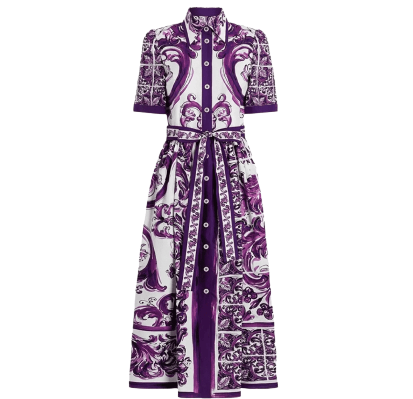 Italian Luxury Purple Majolica print 100% cotton shirt dress - Dress By Vicky