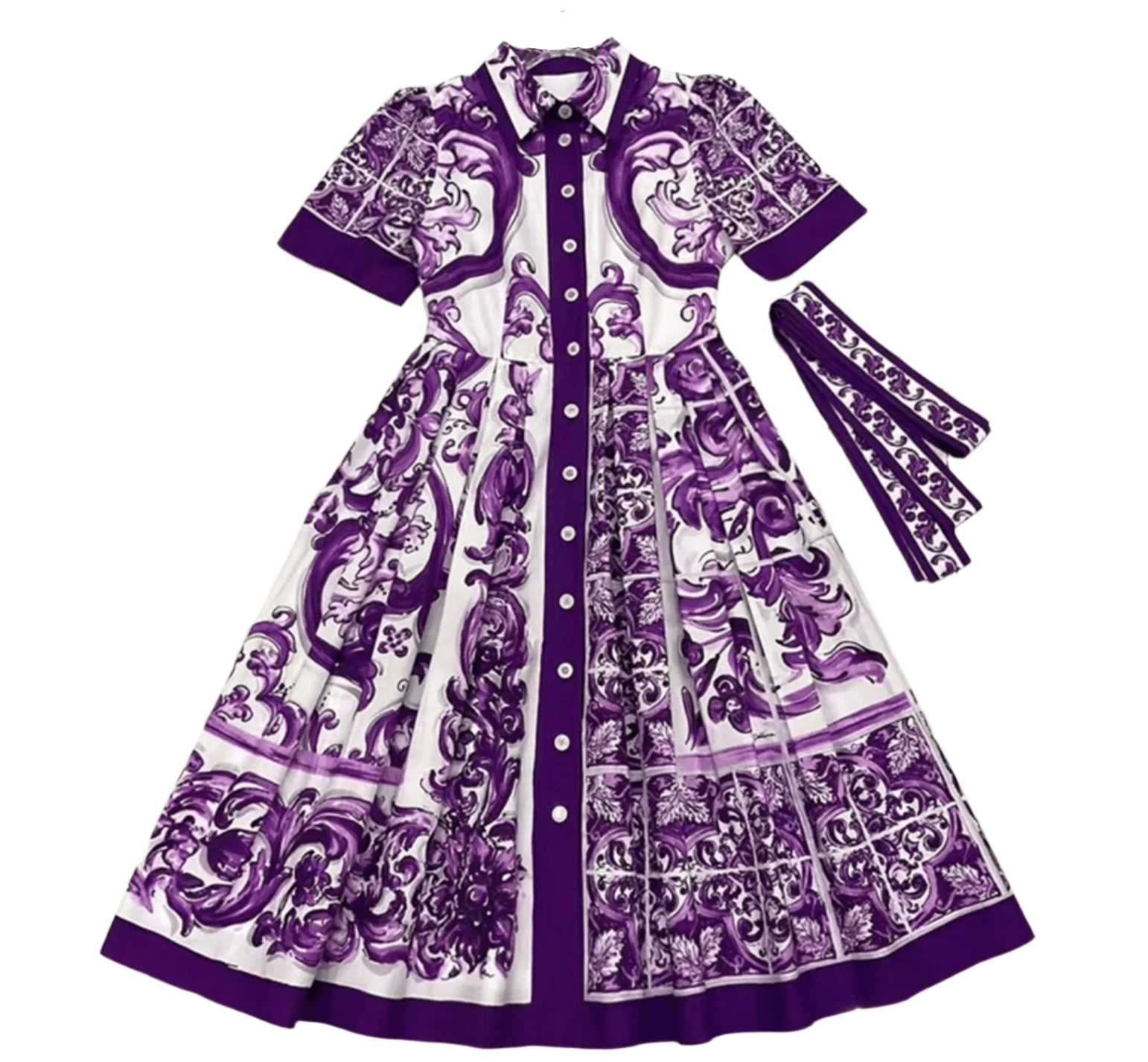 Italian Luxury Purple Majolica print 100% cotton shirt dress - Dress By Vicky