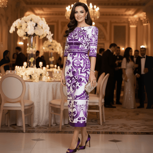 Italian Luxury Purple Majolica print 100% silk short sleeve dress - Dress By Vicky