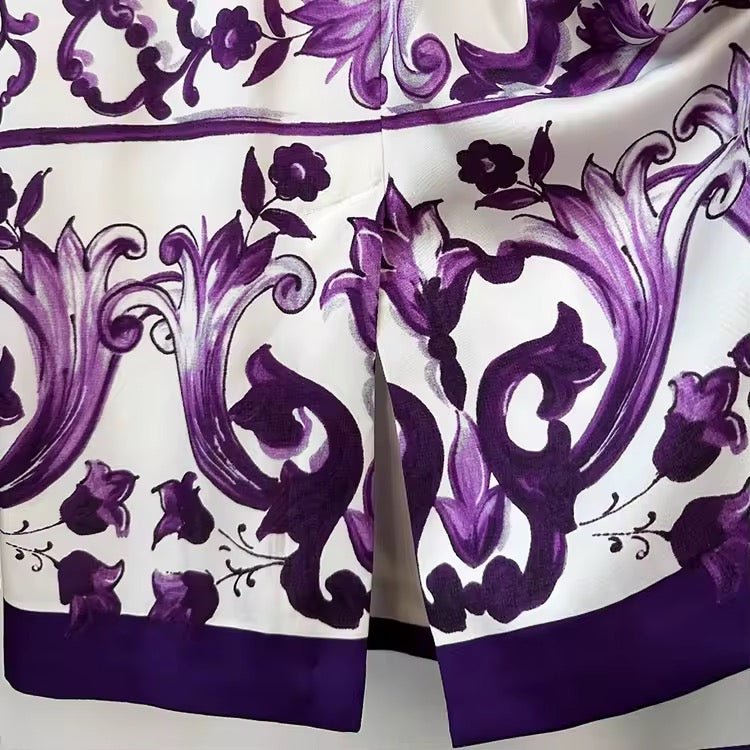 Italian Luxury Purple Majolica print 100% silk short sleeve dress - Dress By Vicky