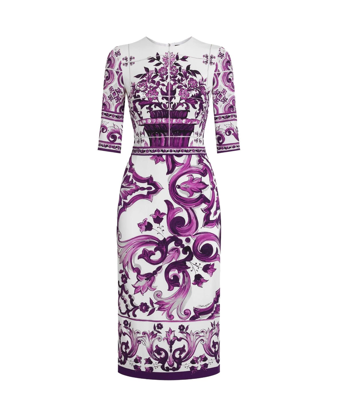 Italian Luxury Purple Majolica print 100% silk short sleeve dress - Dress By Vicky