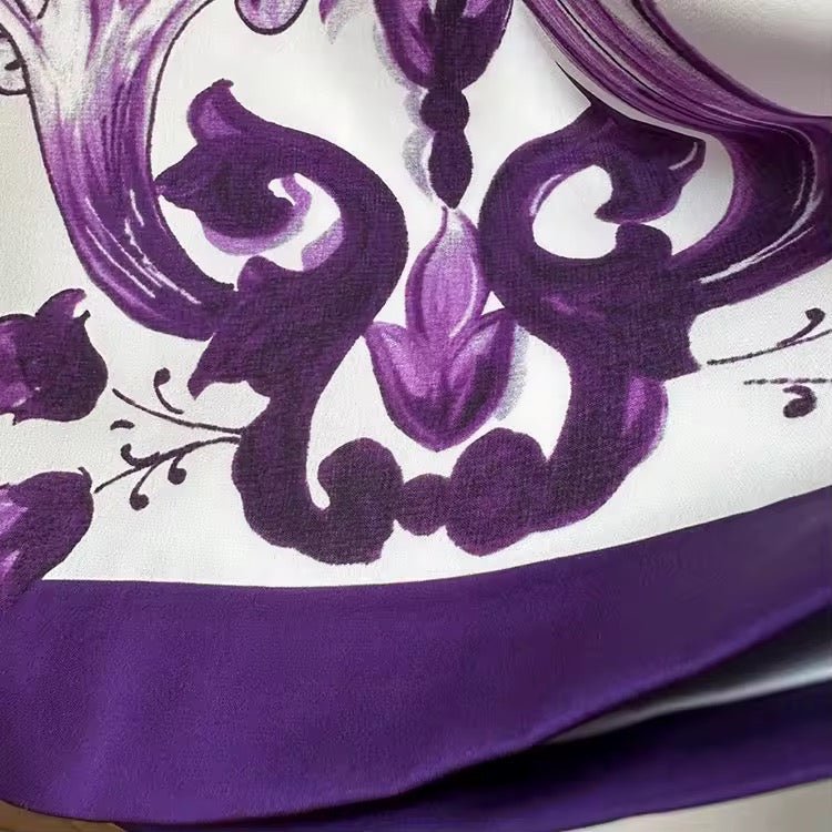 Italian Luxury Purple Majolica print 100% silk short sleeve dress - Dress By Vicky