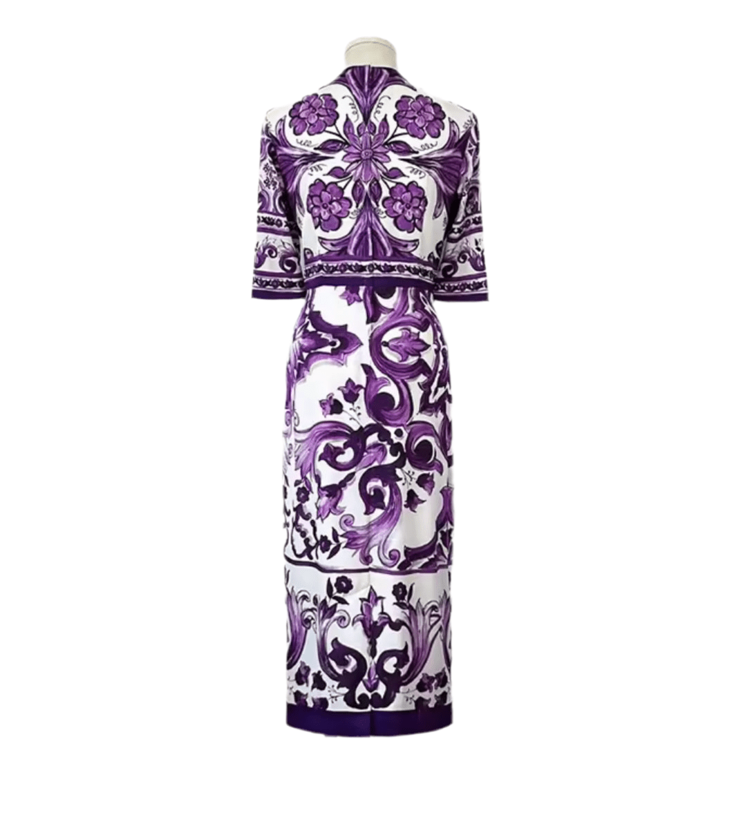 Italian Luxury Purple Majolica print 100% silk short sleeve dress - Dress By Vicky