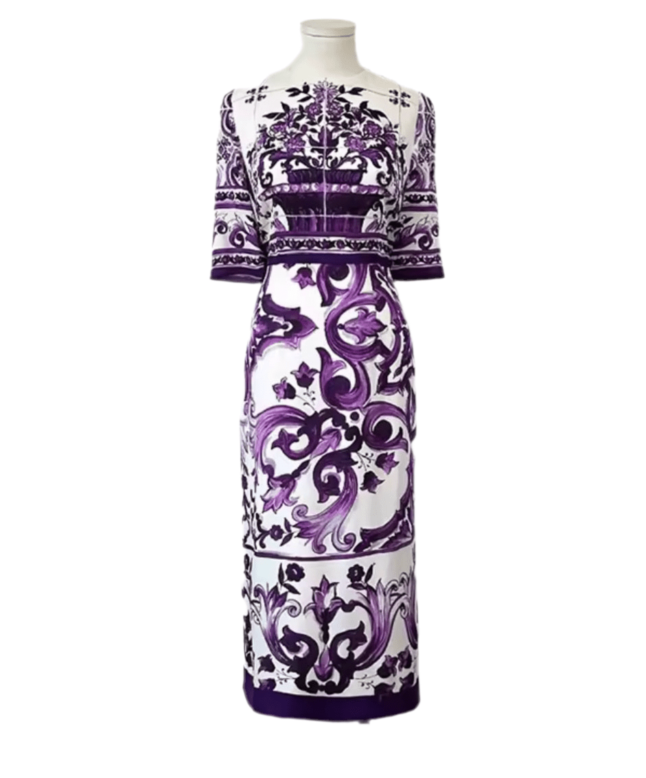 Italian Luxury Purple Majolica print 100% silk short sleeve dress - Dress By Vicky