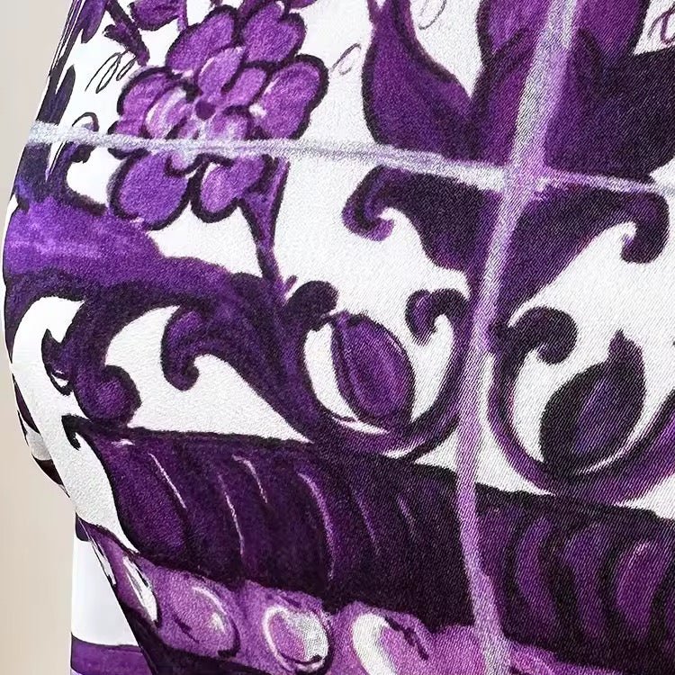 Italian Luxury Purple Majolica print 100% silk short sleeve dress - Dress By Vicky