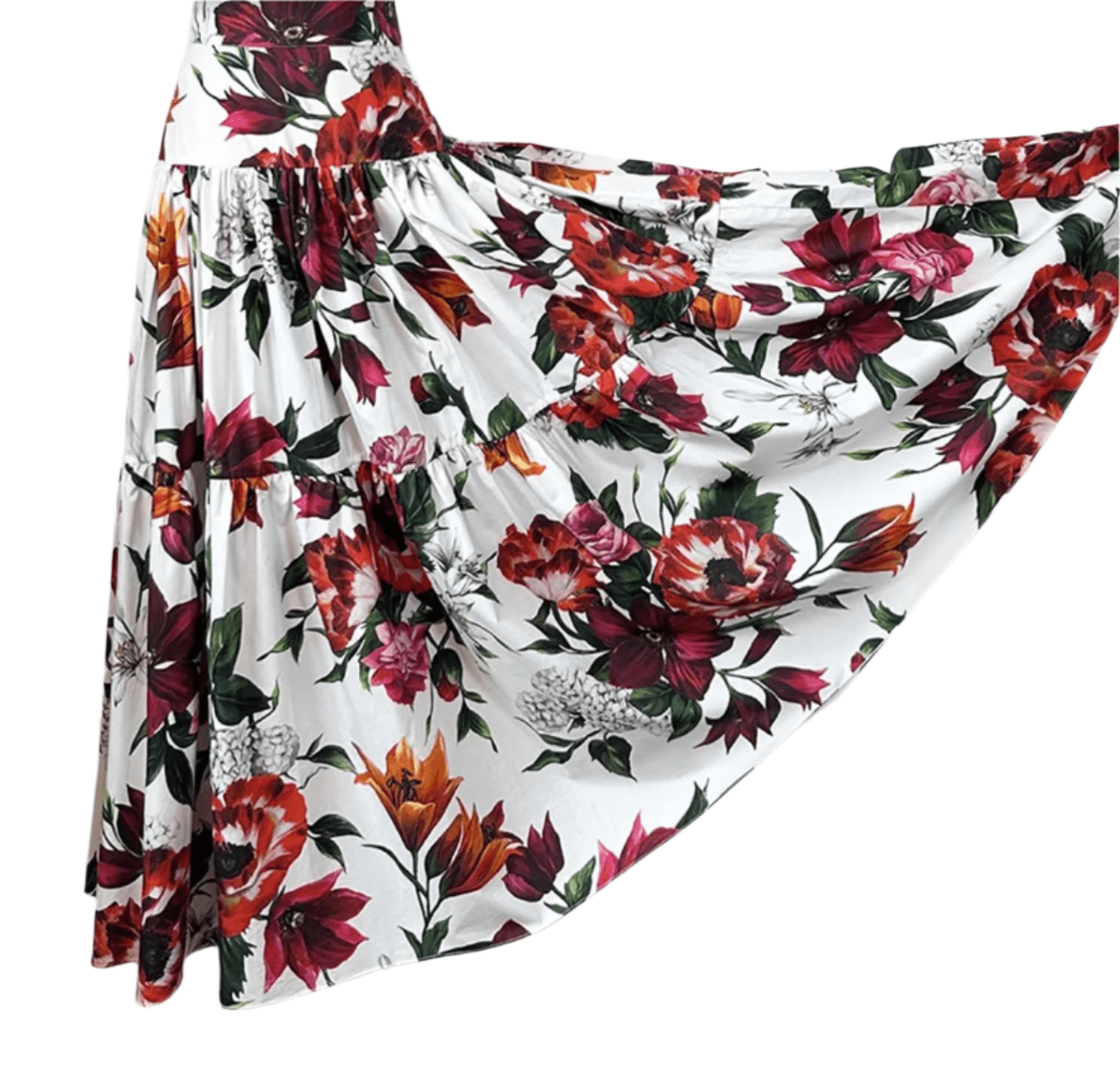 Italian Luxury Red Lilies print 100% cotton 3 tier gathered skirt - Dress By Vicky