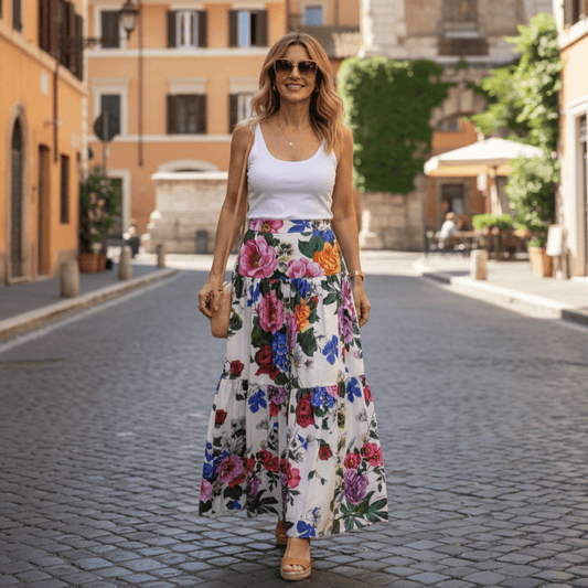 Italian Luxury Roses & Violets print 100% cotton 3 tier gathered skirt - Dress By Vicky