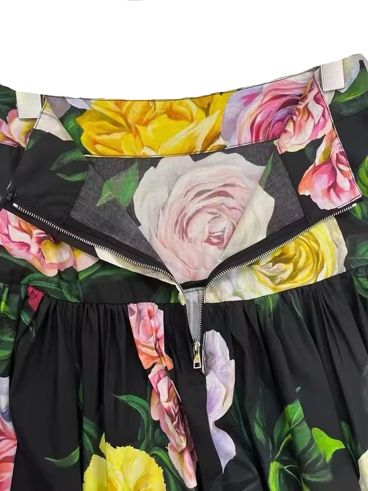 Italian Multicolor Roses on Black print layered 100% cotton skirt - Dress By Vicky