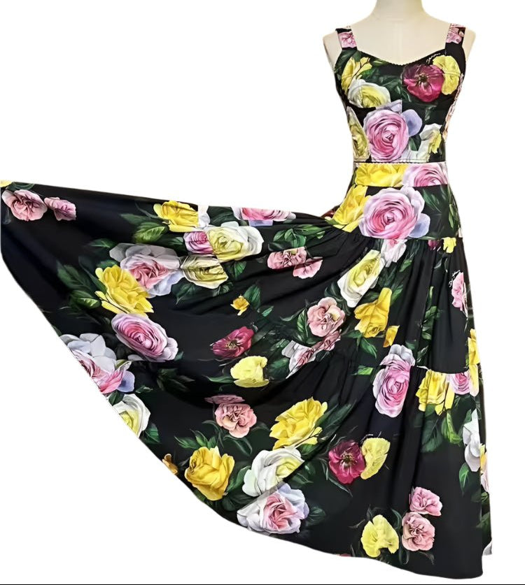 Italian Multicolor Roses on Black print layered 100% cotton skirt - Dress By Vicky