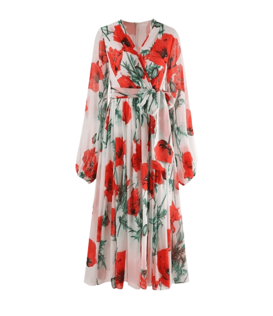 Italian Poppies print puff sleeve chiffon midi dress - Dress By Vicky