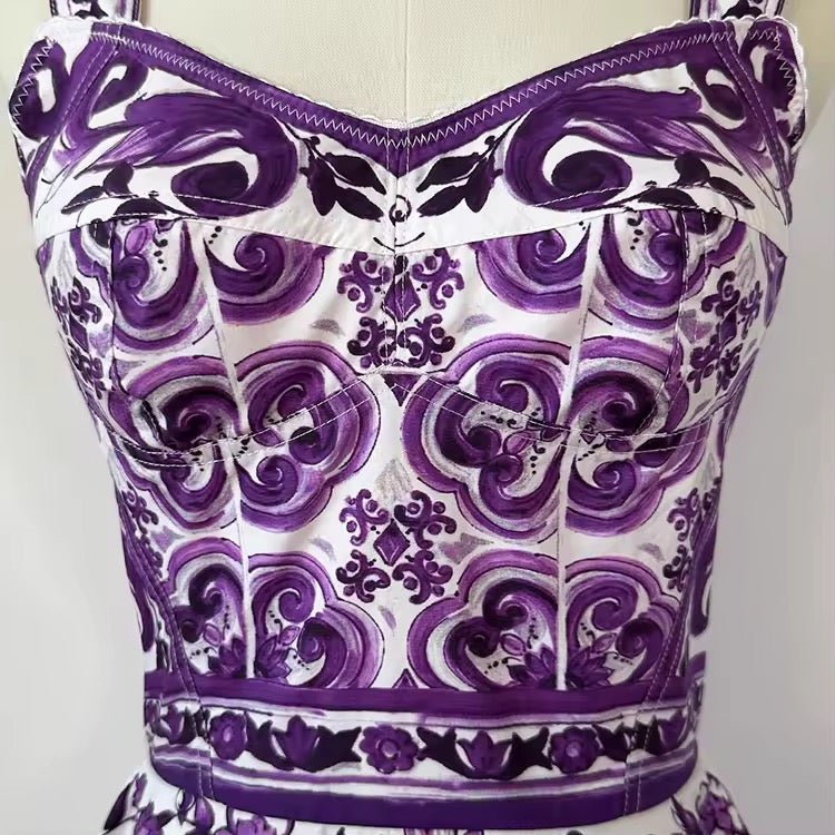 Italian Purple Majolica print 100% cotton mini dress - Dress By Vicky