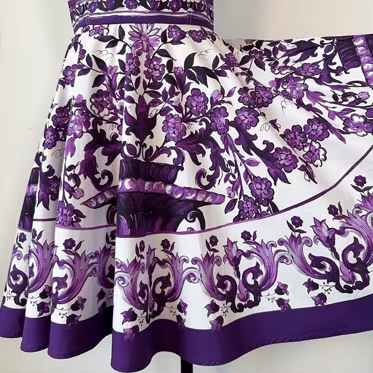 Italian Purple Majolica print 100% cotton mini dress - Dress By Vicky