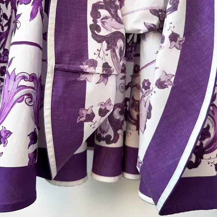 Italian Purple Majolica print 100% cotton mini dress - Dress By Vicky