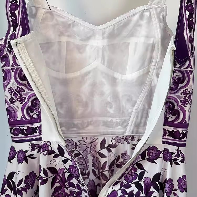 Italian Purple Majolica print 100% cotton mini dress - Dress By Vicky
