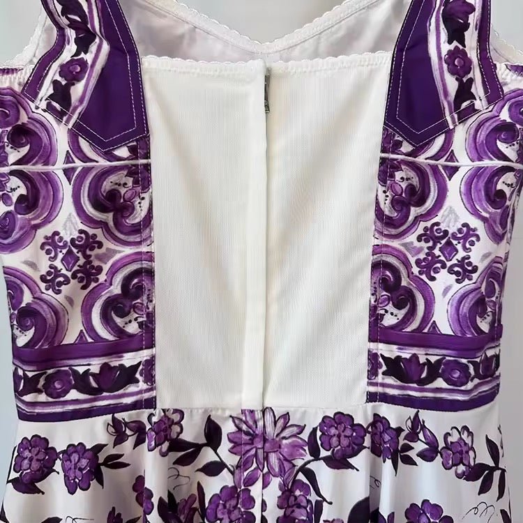 Italian Purple Majolica print 100% cotton mini dress - Dress By Vicky