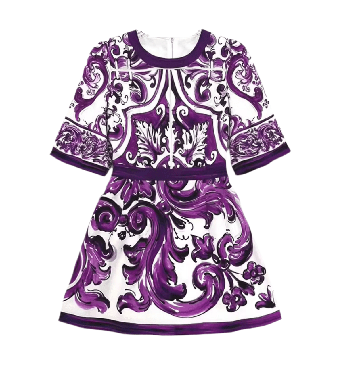 Italian Purple Majolica print short sleeve cotton mini dress - Dress By Vicky