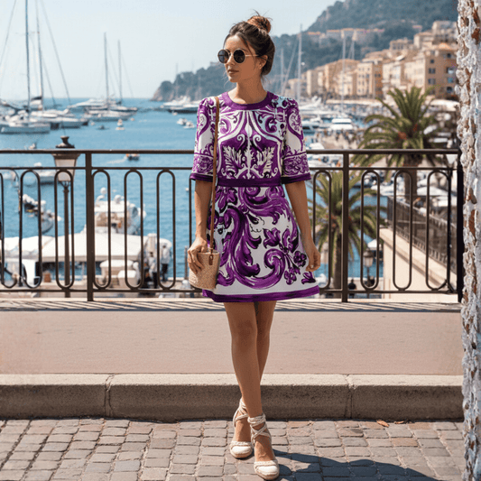 Italian Purple Majolica print short sleeve cotton mini dress - Dress By Vicky