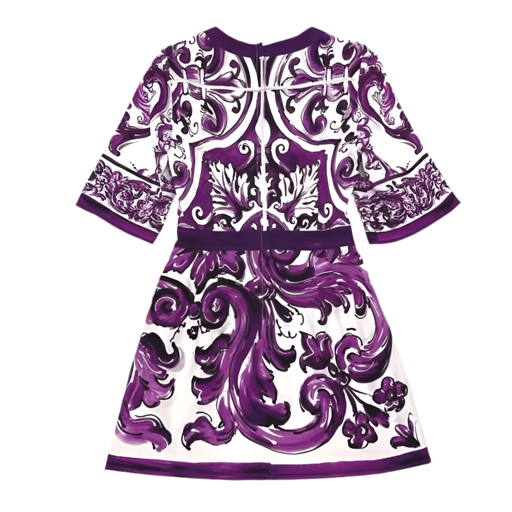 Italian Purple Majolica print short sleeve cotton mini dress - Dress By Vicky