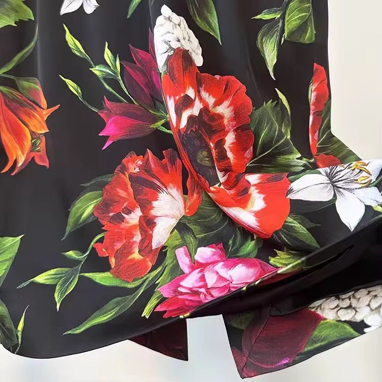 Italian Red Lilies print 100% silk long sleeve dress - Dress By Vicky