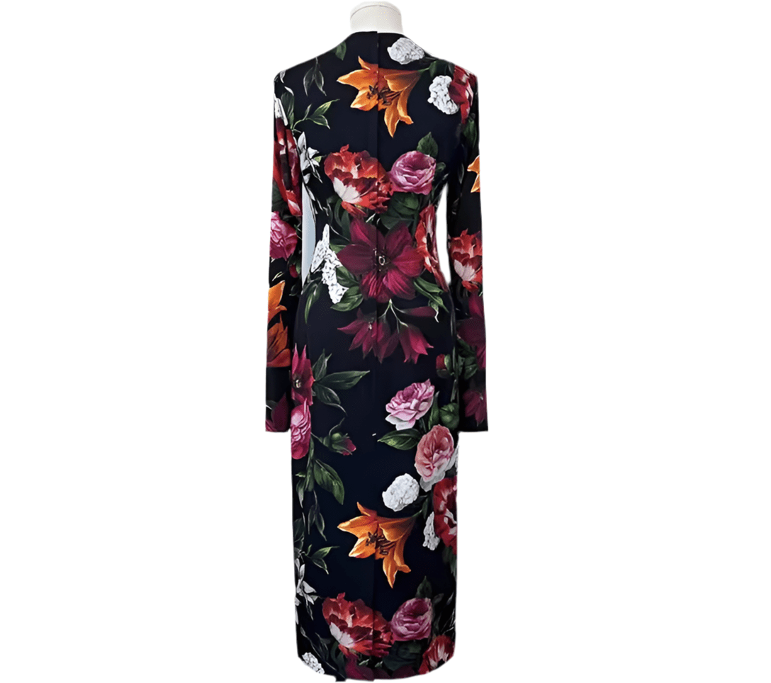 Italian Red Lilies print 100% silk long sleeve dress - Dress By Vicky