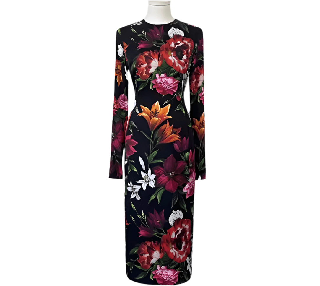 Italian Red Lilies print 100% silk long sleeve dress - Dress By Vicky