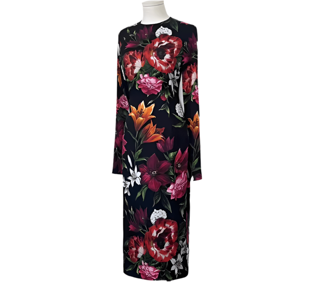 Italian Red Lilies print 100% silk long sleeve dress - Dress By Vicky