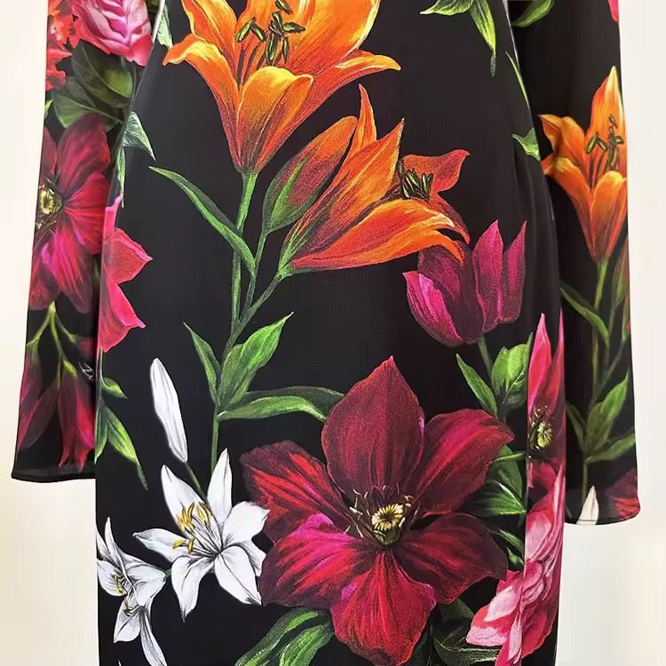 Italian Red Lilies print 100% silk long sleeve dress - Dress By Vicky